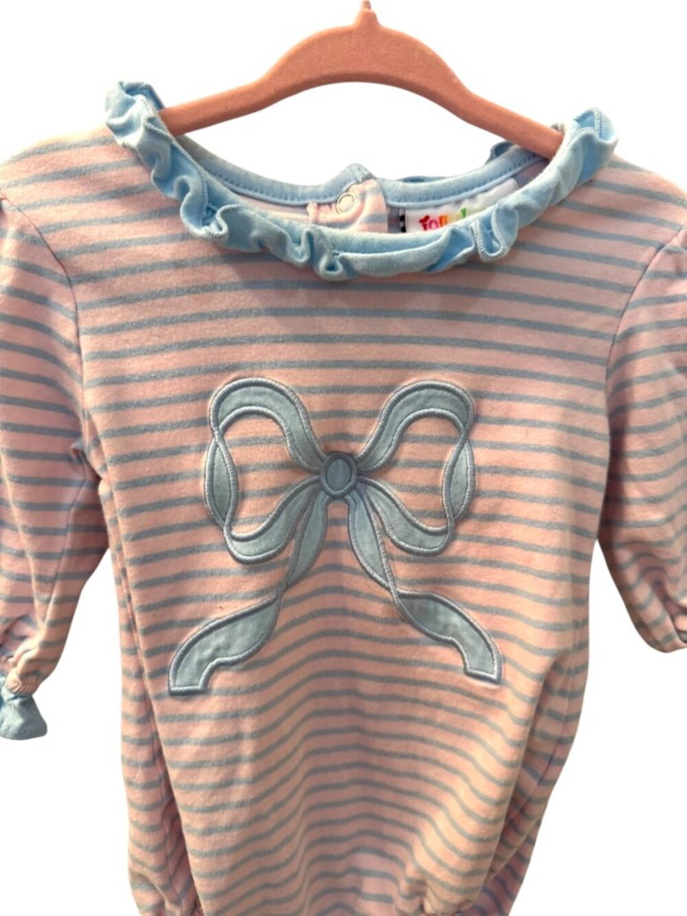JellyBean Bubble Romper Girls Size 6M Blue & Pink Striped Bow Detail Outfit - Picture 3 of 7